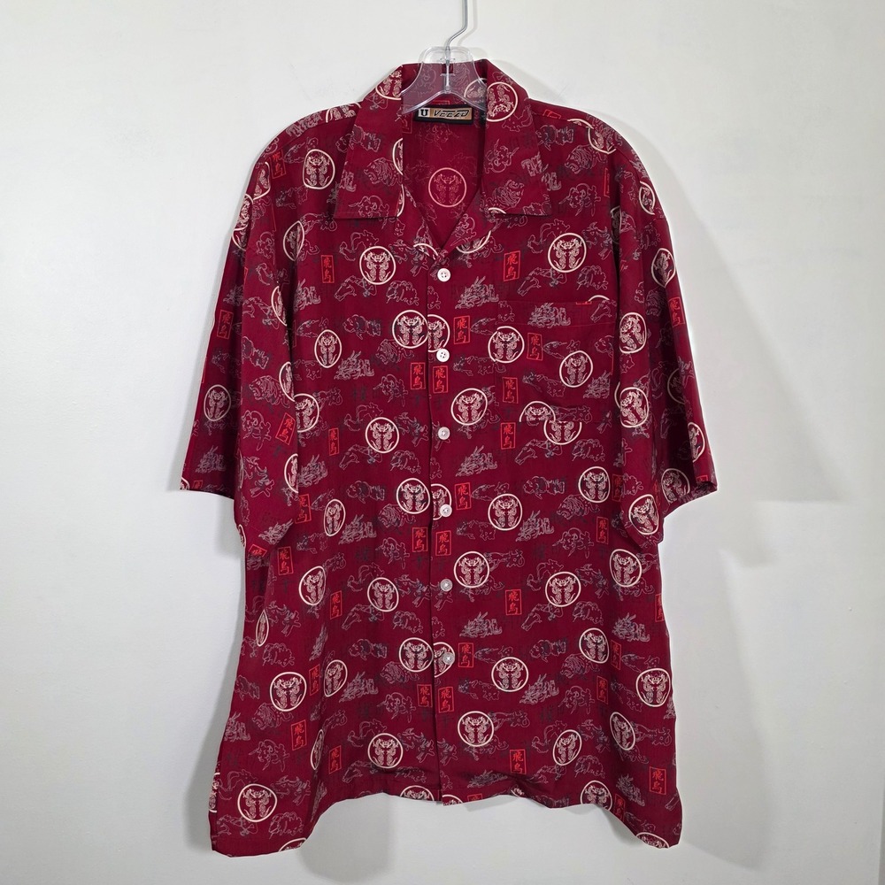 Veezo Mens Shirt Dragon Graphic Print Asian Calligraphy Red Short Sleeve Large